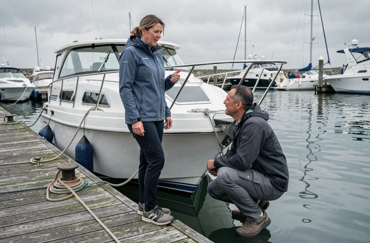 Propriétaire de bateau discutant de l'entretien préventif avec un technicien nautique au bord d'un ponton de marina