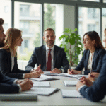 Groupe de professionnels en discussion dans un bureau lumineux