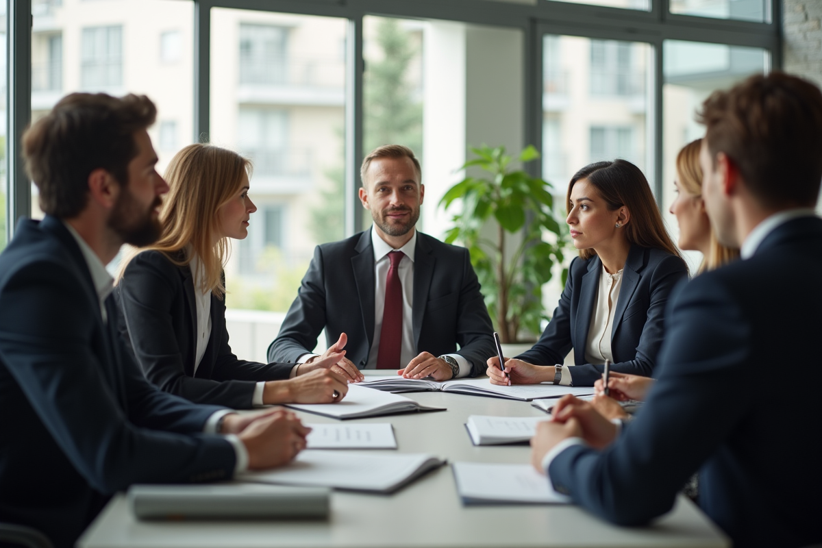Groupe de professionnels en discussion dans un bureau lumineux