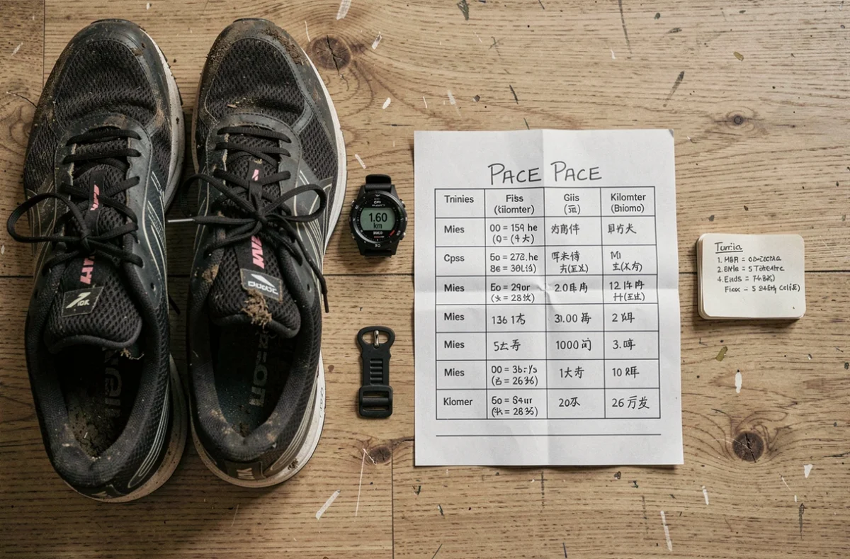 Vue du dessus d'équipements de running incluant une montre GPS et un tableau de conversion miles kilomètres pour coureurs