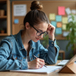 Femme en denim esquissant dans un bureau moderne et lumineux