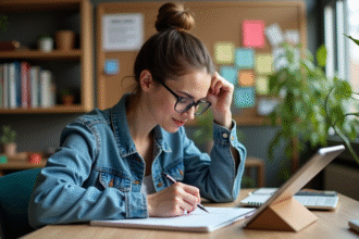 Femme en denim esquissant dans un bureau moderne et lumineux