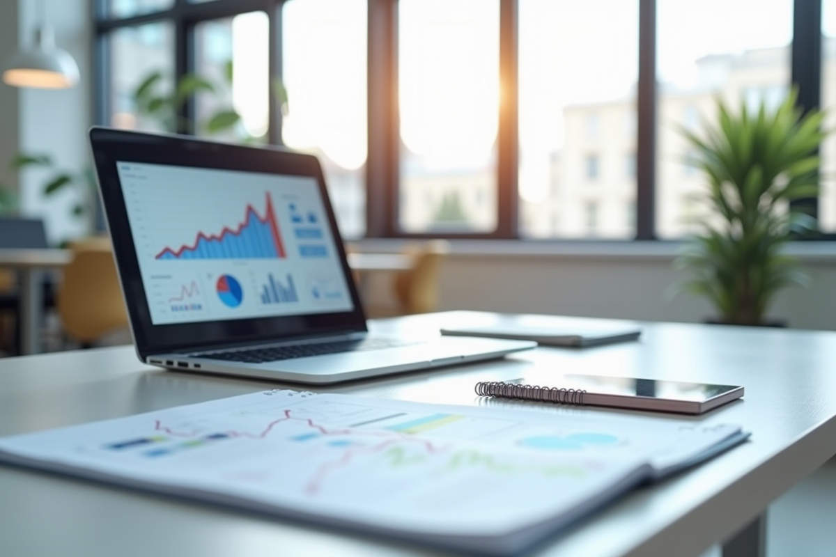 Espace de travail minimaliste avec ordinateur et graphiques financiers