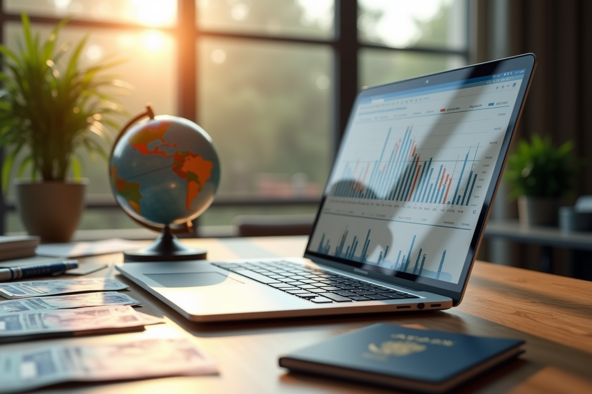Espace de travail avec ordinateur et devises internationales