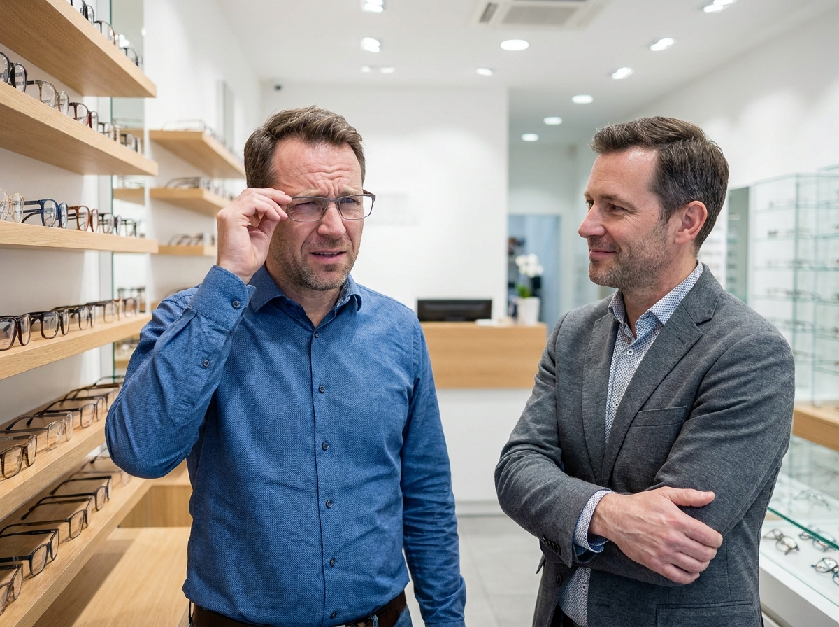 Deux hommes dans une opticerie, l'un essayant les lunettes de l'autre avec une expression dubitative