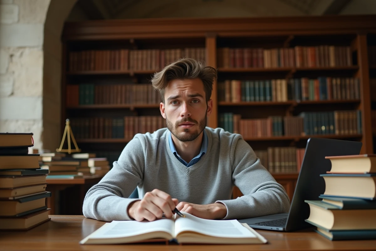 Étudiant en droit recherchant la jurisprudence liée à l'article 1112-1 du Code civil dans une bibliothèque universitaire française, entouré de manuels juridiques et du Code civil