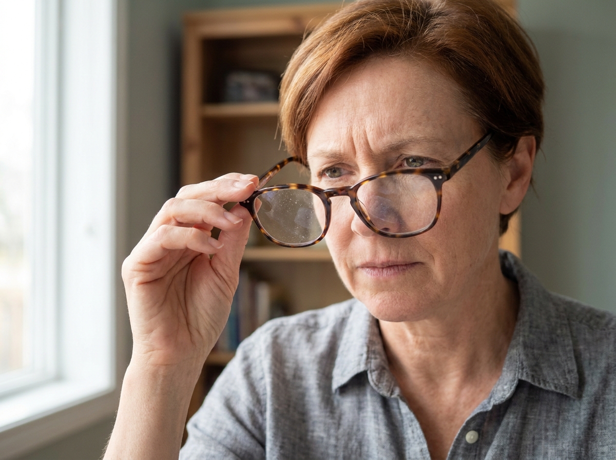 Femme d'une cinquantaine d'années examinant une paire de lunettes avec une expression préoccupée