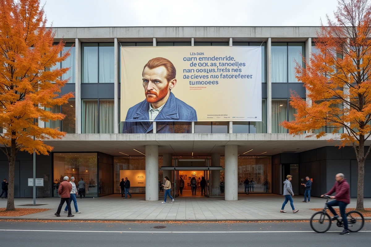 Façade d'un musée à Villeurbanne avec bannière de l'exposition Van Gogh