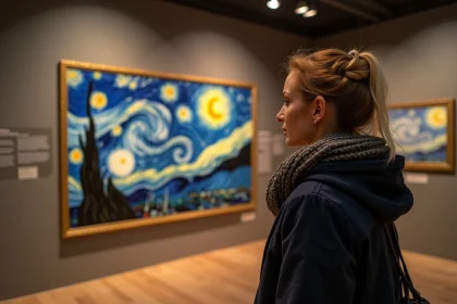 Visiteuse admirant une reproduction de Van Gogh lors d'une exposition à Lyon
