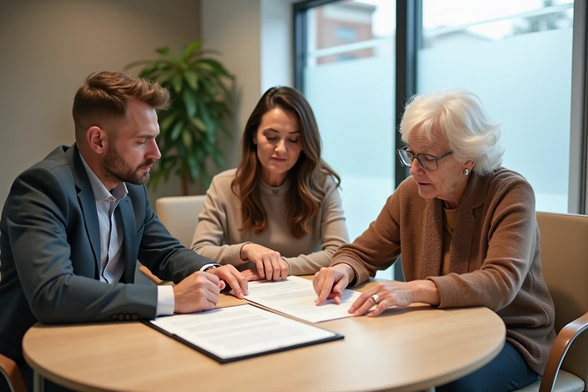 Famille multigénérationnelle examinant un document immobilier lors d'une consultation notariale gratuite