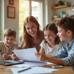 Famille jeune à la cuisine examine documents financiers