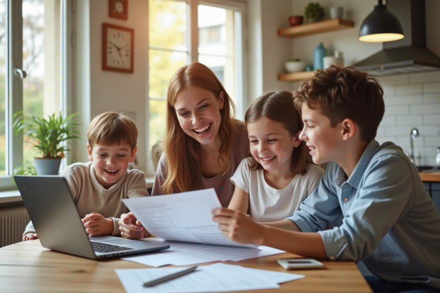 Famille jeune à la cuisine examine documents financiers
