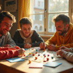 Famille jouant au nain jaune dans une ambiance chaleureuse