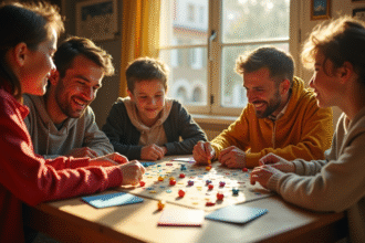 Famille jouant au nain jaune dans une ambiance chaleureuse