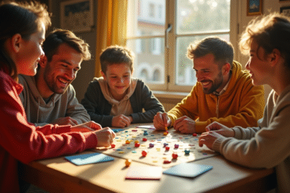 Famille jouant au nain jaune dans une ambiance chaleureuse