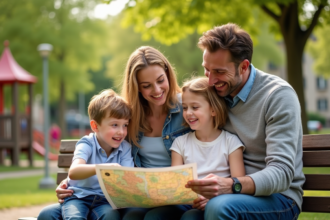 Famille française souriante sur un banc dans un parc