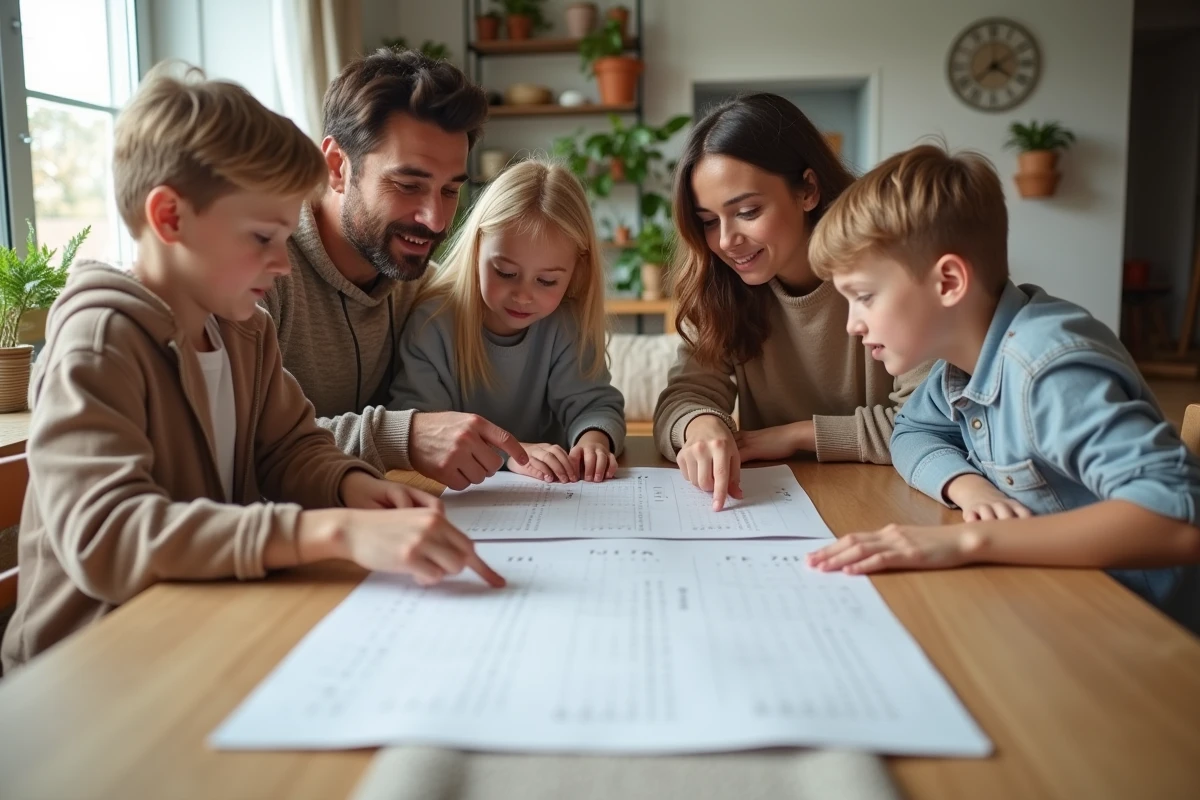Famille réunie autour d'un planning familial 2026 imprimé par mois sur une table de salle à manger