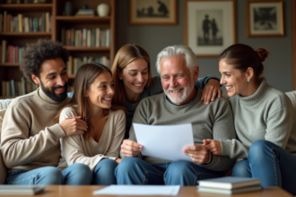 Famille recomposée réunie dans un salon chaleureux