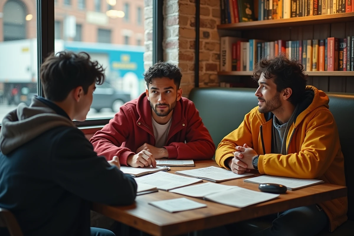 Groupe de fans de One Piece discutant de théories sur Saint Garling Figarland et Luffy autour de mangas et notes dans un café urbain