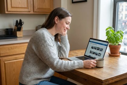 Femme parcourant des annonces de voitures d'occasion sur un ordinateur portable dans une cuisine moderne