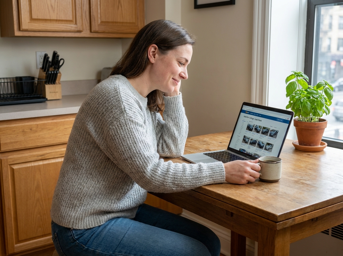 Femme parcourant des annonces de voitures d'occasion sur un ordinateur portable dans une cuisine moderne