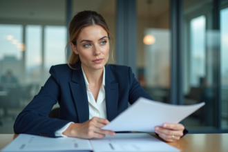 Femme d affaires en bureau examinant des documents de prêt