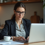Femme d'affaires française travaillant sur un ordinateur portable
