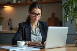 Femme d'affaires française travaillant sur un ordinateur portable