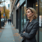 Femme d'affaires réfléchissant devant une banque fermée