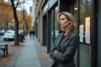 Femme d'affaires réfléchissant devant une banque fermée