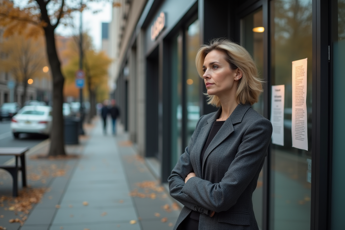 Femme d'affaires réfléchissant devant une banque fermée