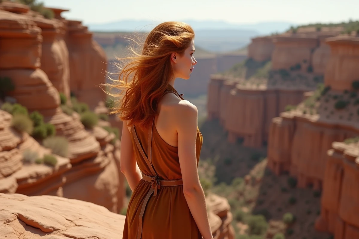 Femme Aiel contemplant un canyon du désert depuis un promontoire rocheux, symbolisant la vigilance, la liberté et la connexion à la nature sauvage des Aiel