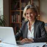 Femme souriante analysant des papiers dans un bureau à domicile