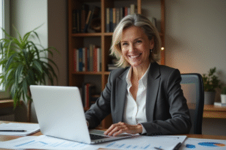 Femme souriante analysant des papiers dans un bureau à domicile