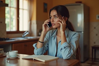 Jeune femme algérienne passant un appel international depuis son appartement avec son smartphone