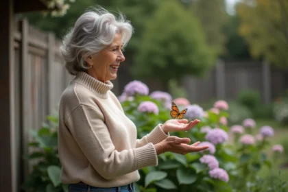 Femme dans un jardin avec papillon sur la main
