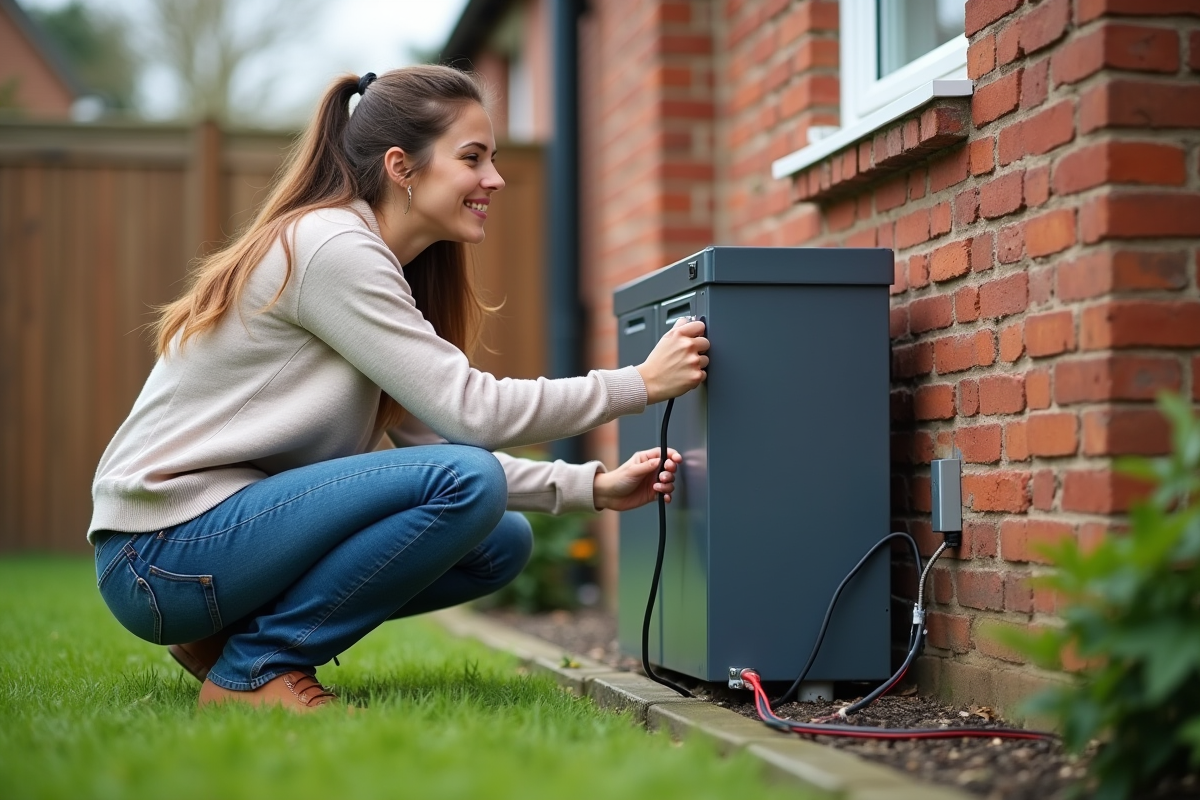 Jeune femme connectant une batterie domestique dans un jardin