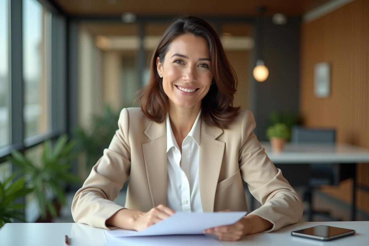 Femme confiante en bureau moderne avec documents