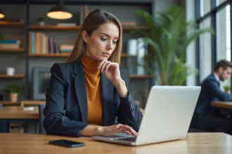 Femme d'âge moyen au bureau moderne en tenue décontractée
