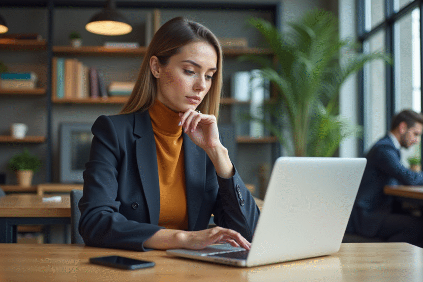 Femme d'âge moyen au bureau moderne en tenue décontractée