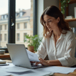 Femme au bureau à domicile examinant des documents fiscaux