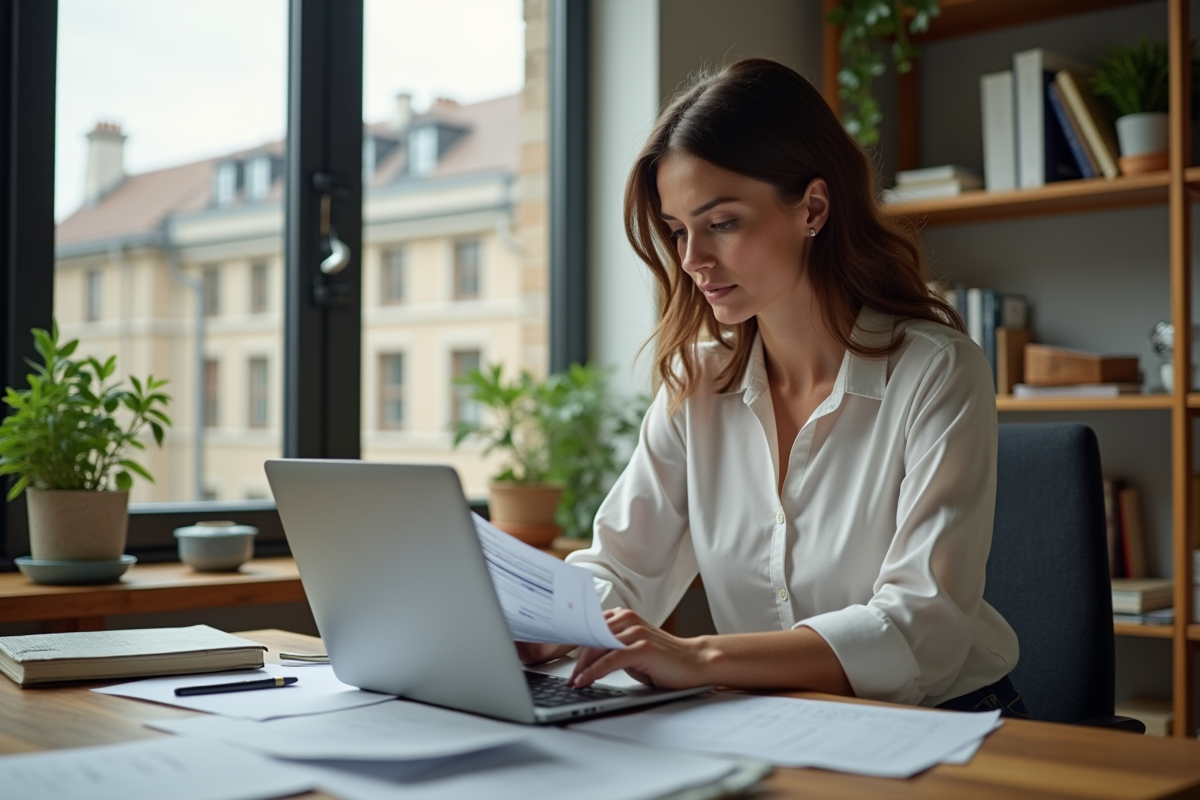 Femme au bureau à domicile examinant des documents fiscaux