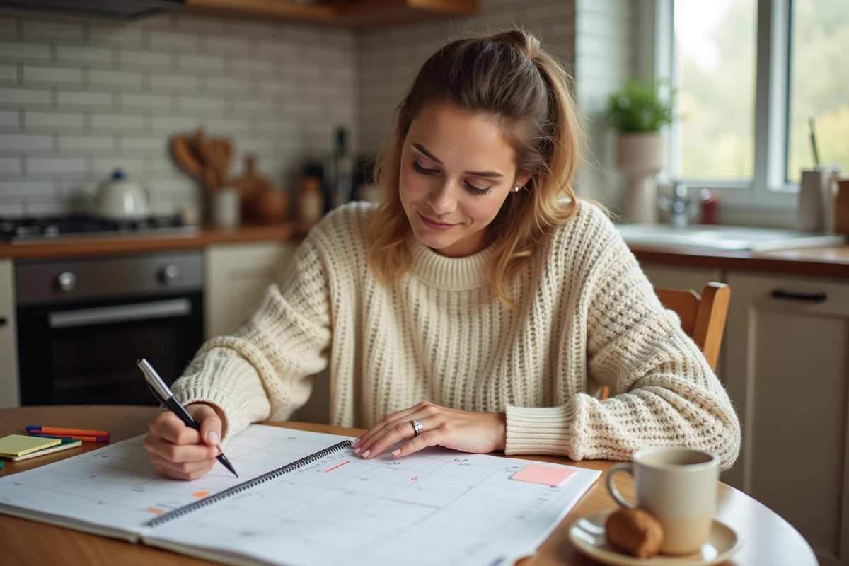 Femme écrivant sur un calendrier 2026 imprimé posé sur une table en bois dans une cuisine chaleureuse