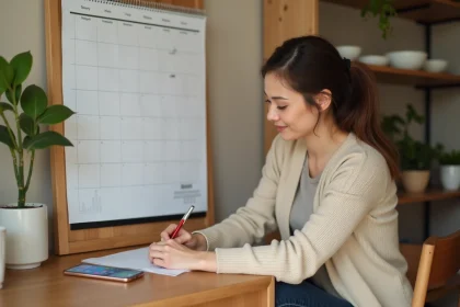 Femme organisant ses rendez-vous médicaux sur un calendrier papier en semaines paires et impaires 2026
