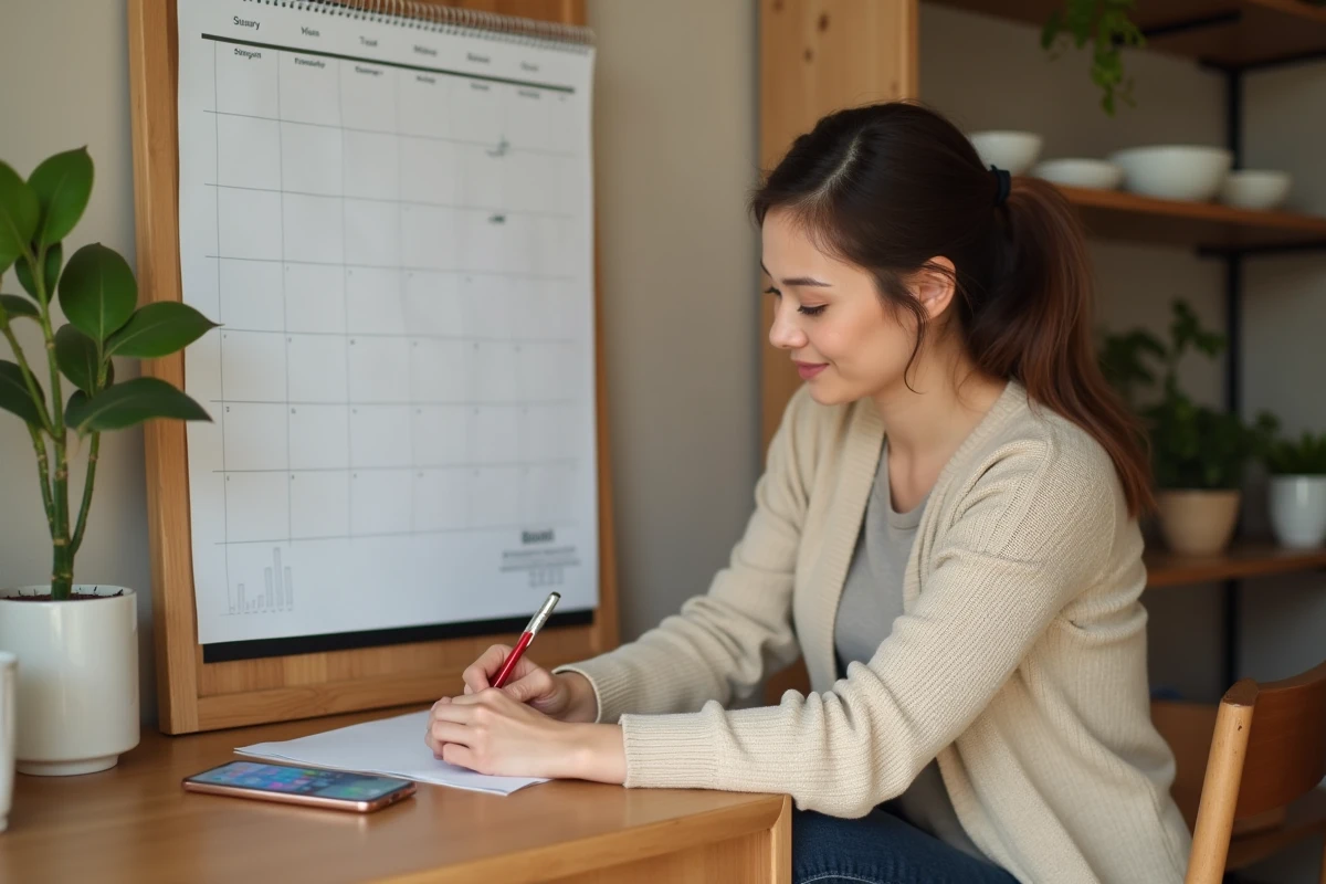 Femme organisant ses rendez-vous médicaux sur un calendrier papier en semaines paires et impaires 2026