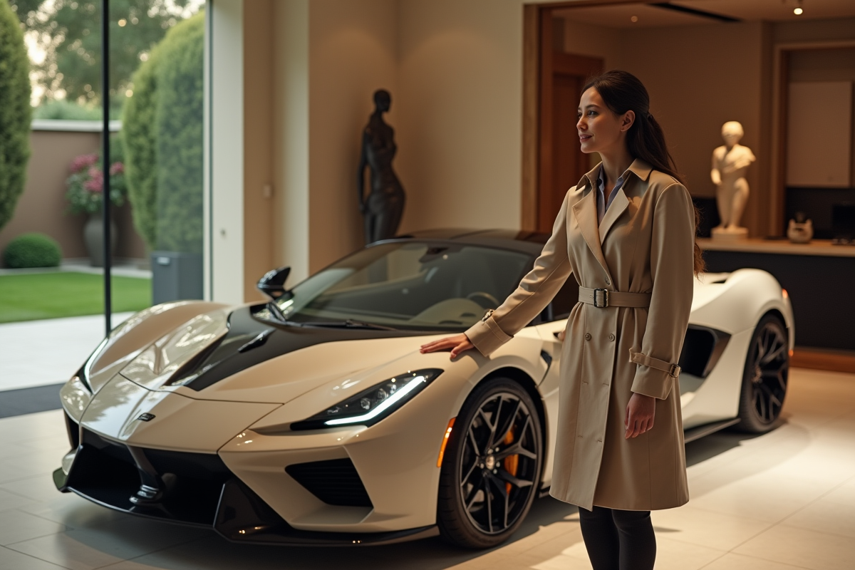 Jeune femme en trench admire une supercar en showroom