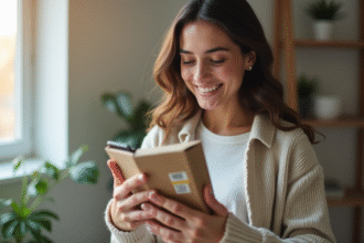 Jeune femme vérifiant les coûts d'expédition sur son smartphone