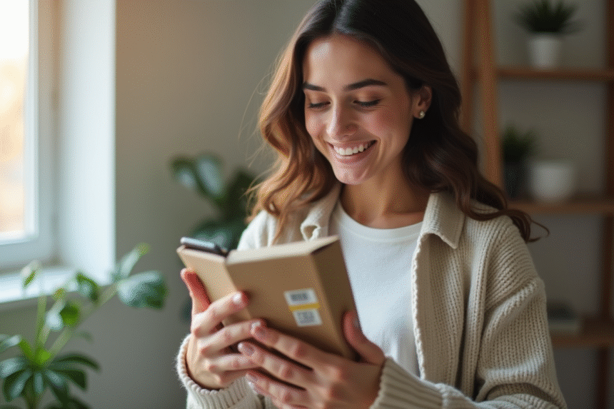 Jeune femme vérifiant les coûts d'expédition sur son smartphone