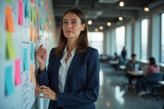 Femme confiante en costume dans un bureau moderne avec notes
