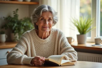 Femme d'âge moyen souriante lisant un livre dans une cuisine chaleureuse